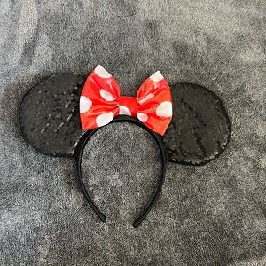 Classic Minnie Mouse Black Sequin Ears with Red Polka Dot Bow